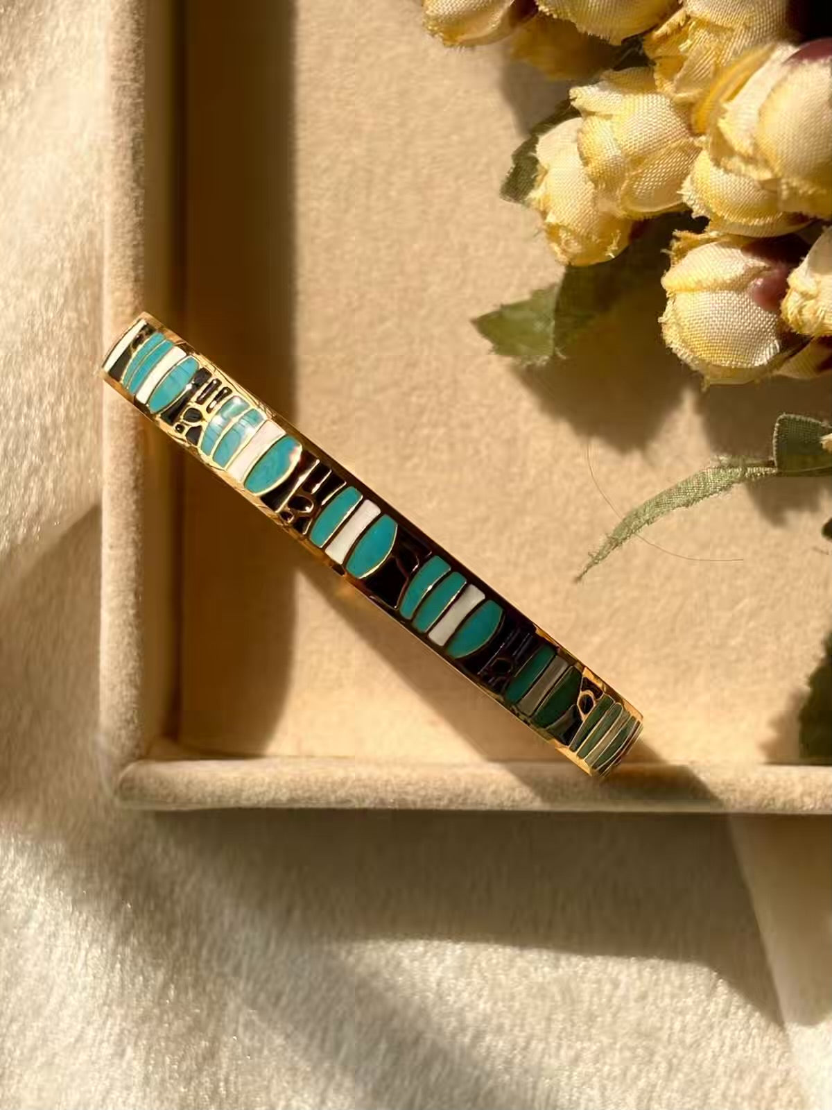 Geometric Turquoise Blue Kada Bracelet Bangle - 22k Gold Plated