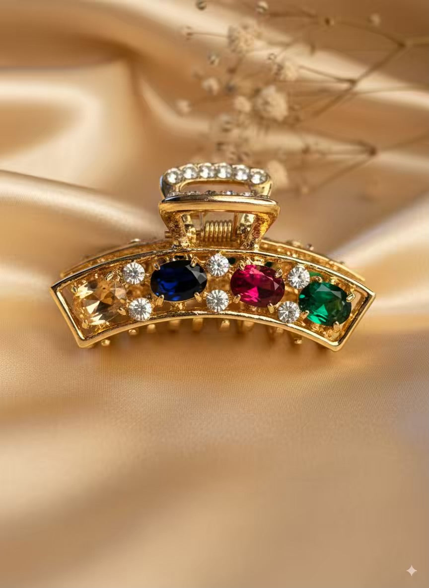 Navratri Premium Multicoloured Gemstone Hair Claw Clip For Women- Stainless Steel