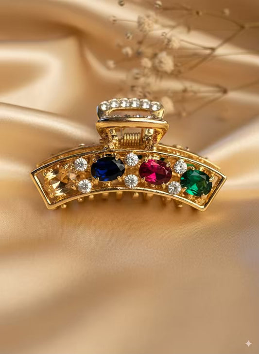 Navratri Premium Multicoloured Gemstone Hair Claw Clip For Women- Stainless Steel