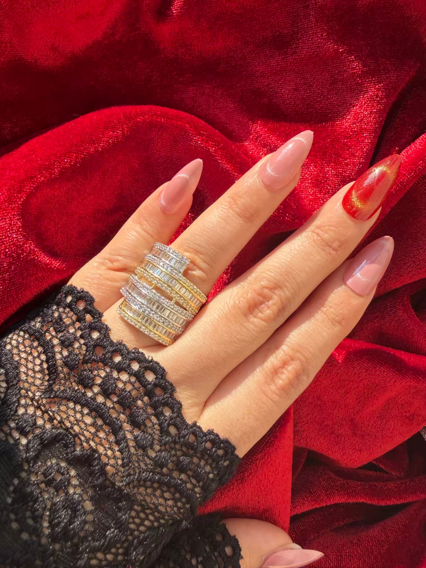 Layered Round Crown Crystal 18K Gold Plated Statement Ring Adjustable