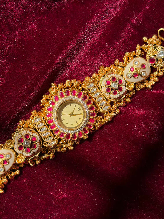 Mahalaxmi Inspired Rudra Motif Creamy Kundan Gold Plated Heritage Maharani Watch ( Partial COD 200₹ )