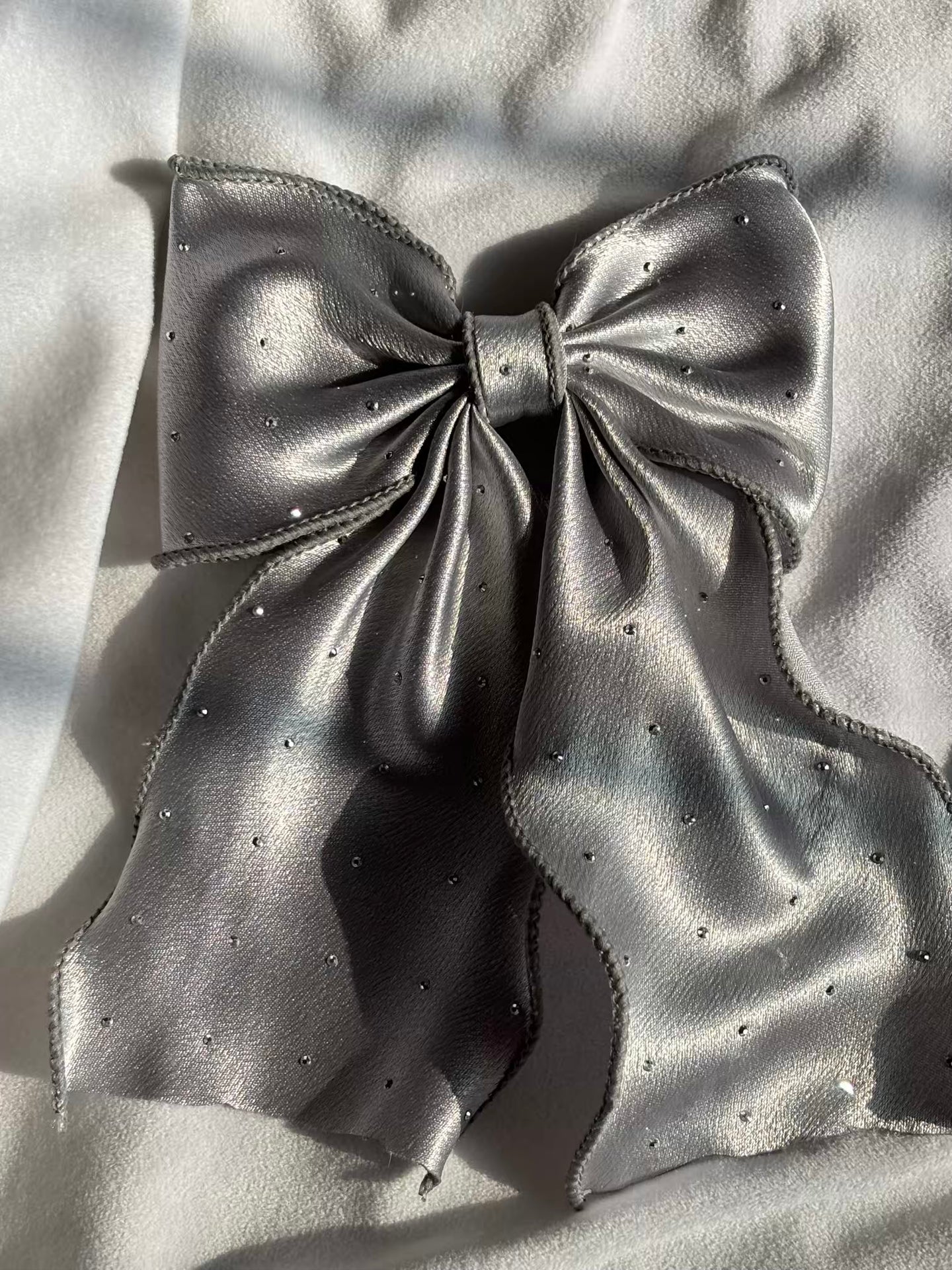 Silver Grey Layered Hair Bow Clip For Women -( Satin Diamonds )