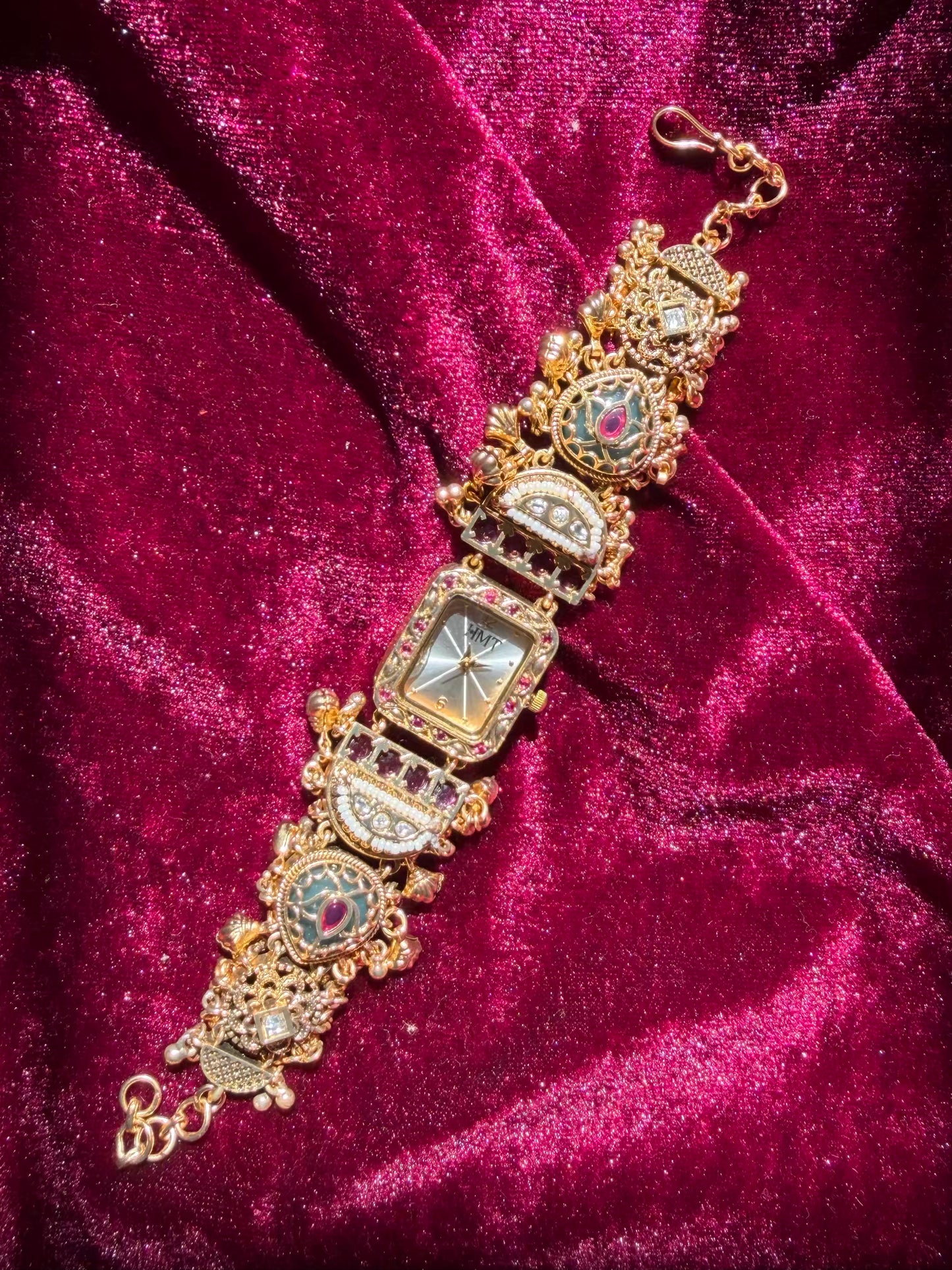 Noorika Rectangle Temple Motif Ruby Kundan Gold Plated Heritage Maharani Watch ( Partial COD 200₹ )