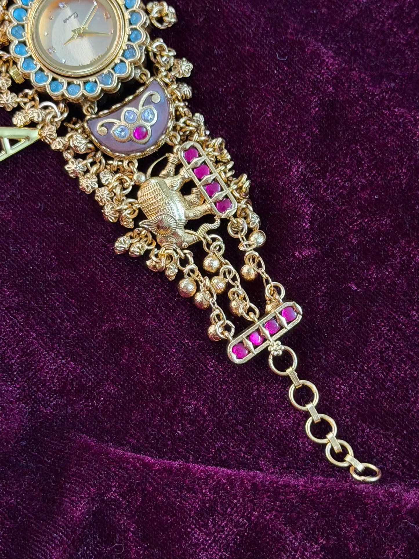 Green in Burgundy Dial Half Moon Maharani Watch Design Bracelet