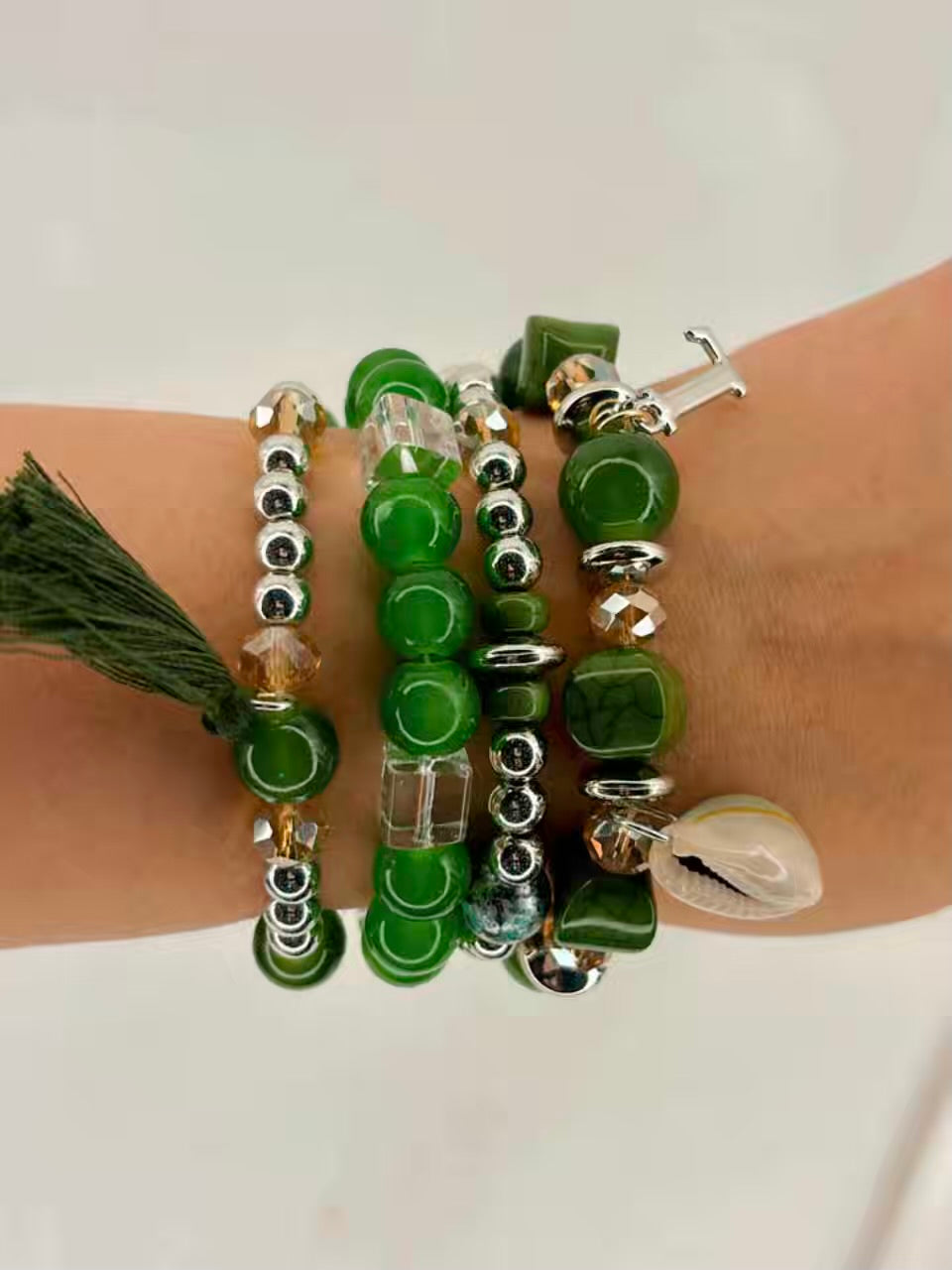 Dark Green Beaded Elastic Stretchable Bracelet With Customised Initial Alphabet Unisex for  Men / Women