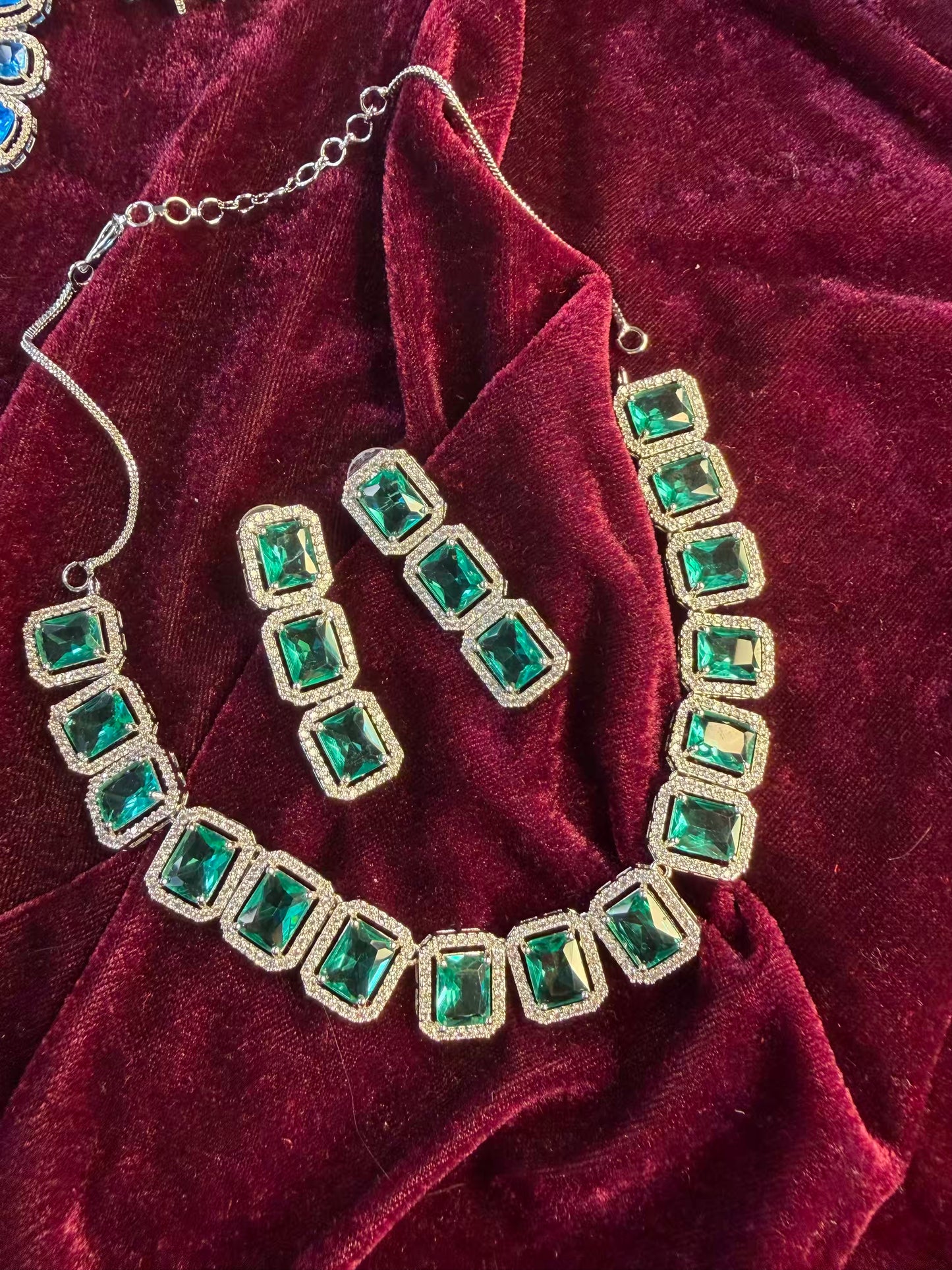 Ocean Blue Sapphire Cushion Halo Statement Necklace Set