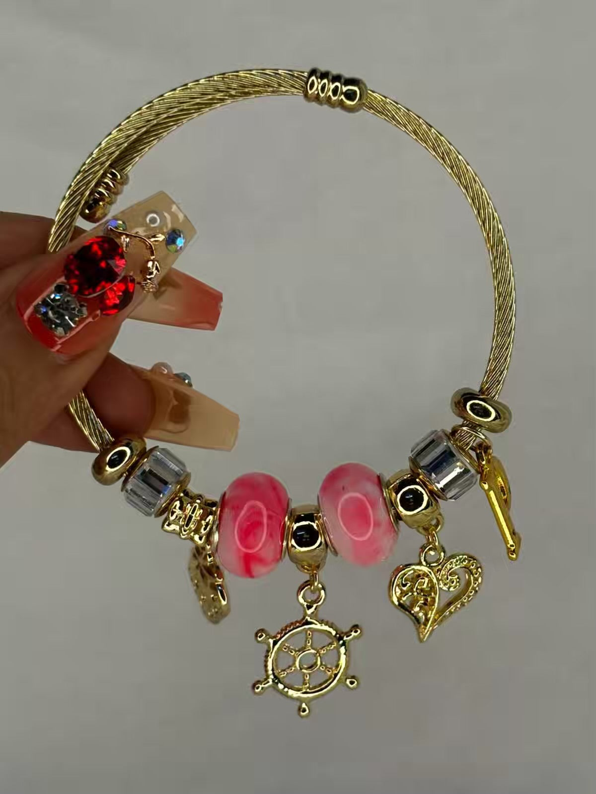 Pandora Charms Pink Anchor Bracelet With Customised Initial  ( Gold )