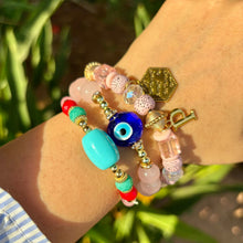 Load image into Gallery viewer, Pink Evil Eye Crystals Stack Elastic Bracelet With Customised Initial ( Gold )
