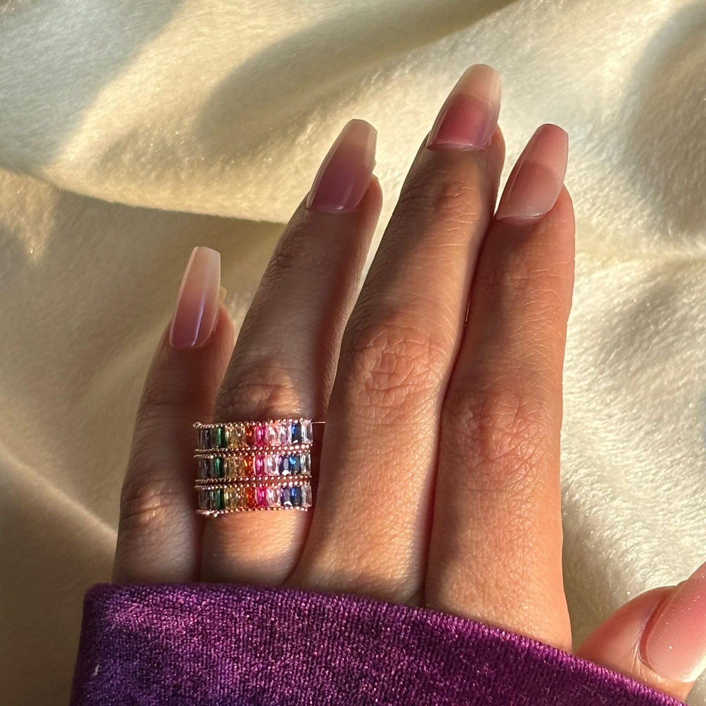 Multicoloured Tri Stacked Studded Rainbow Ring Silver available