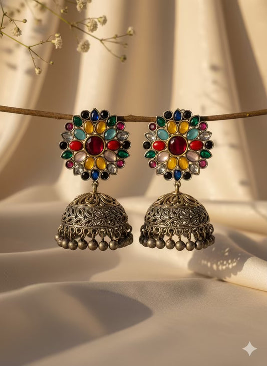 Multicoloured Stones Premium Oxidised Jhumka Ghungroo Silver Plated Earrings