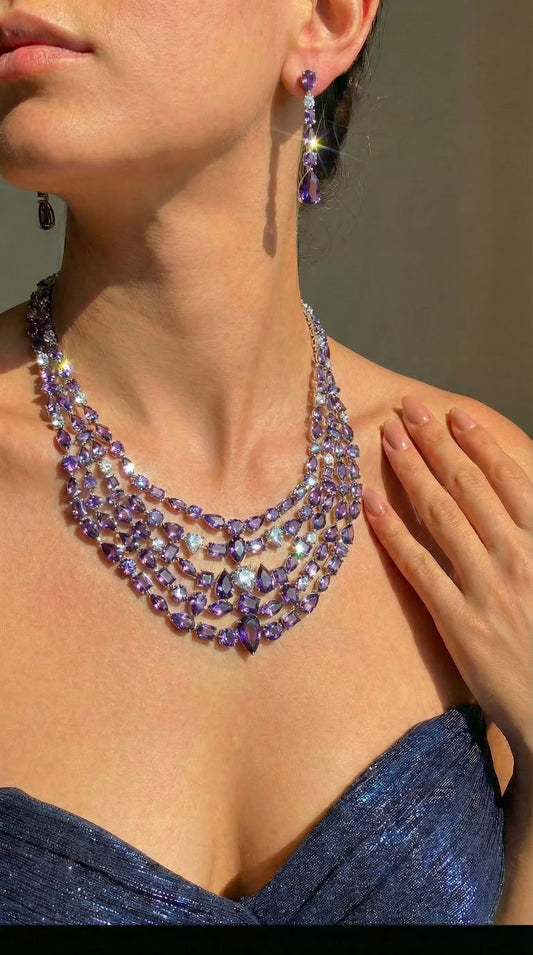 Deep Purple Stones Multi-Shape Layered Design Rhodium-Plated Necklace Set