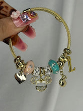 Load image into Gallery viewer, Pandora Charms Peach Blue Mickey Mouse Bracelet With Customised Initial ( Gold )
