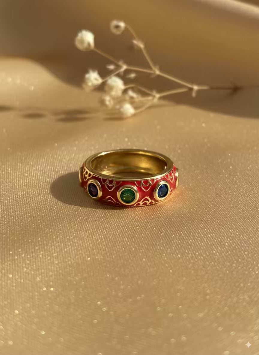 Red Colourful Gold Plated Premium Ring (Adjustable)