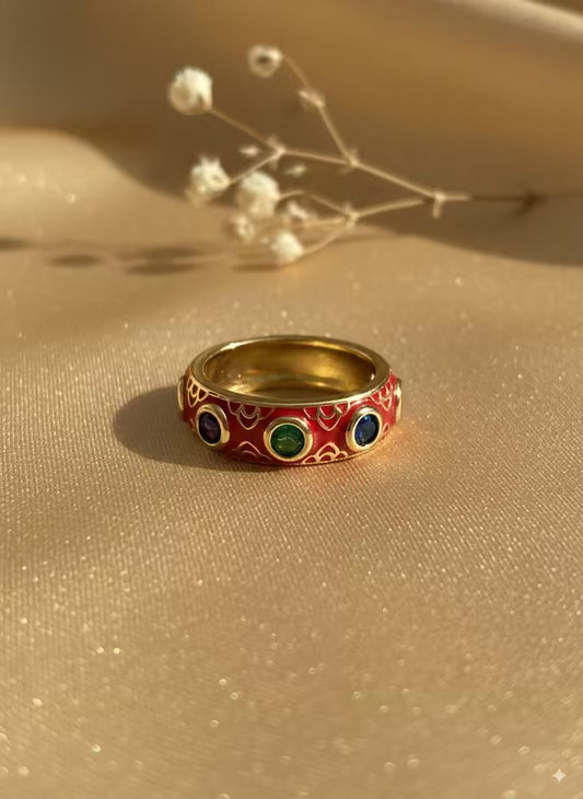 Red Colourful Gold Plated Premium Ring (Adjustable)