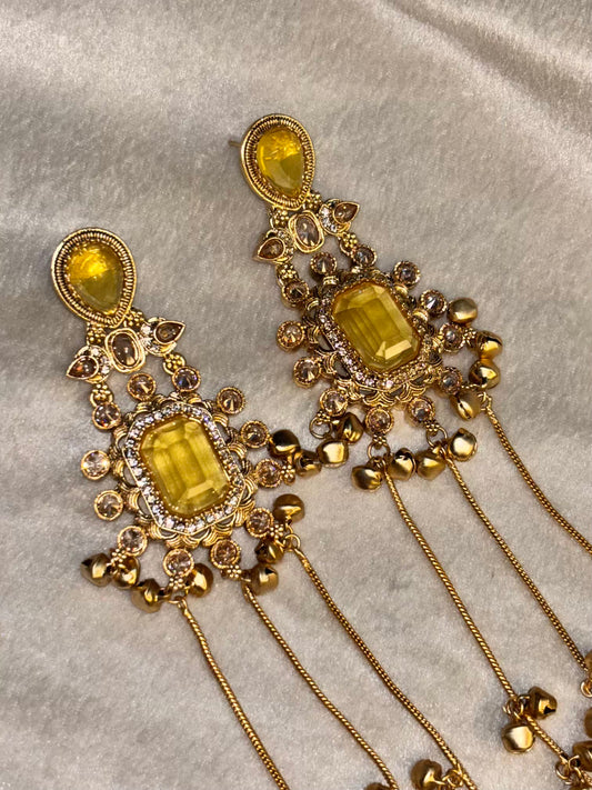 Yellow Stud Kashmiri Brass Premium Plated Ghungroo Earrings ( FLAT 15% off At Cart )