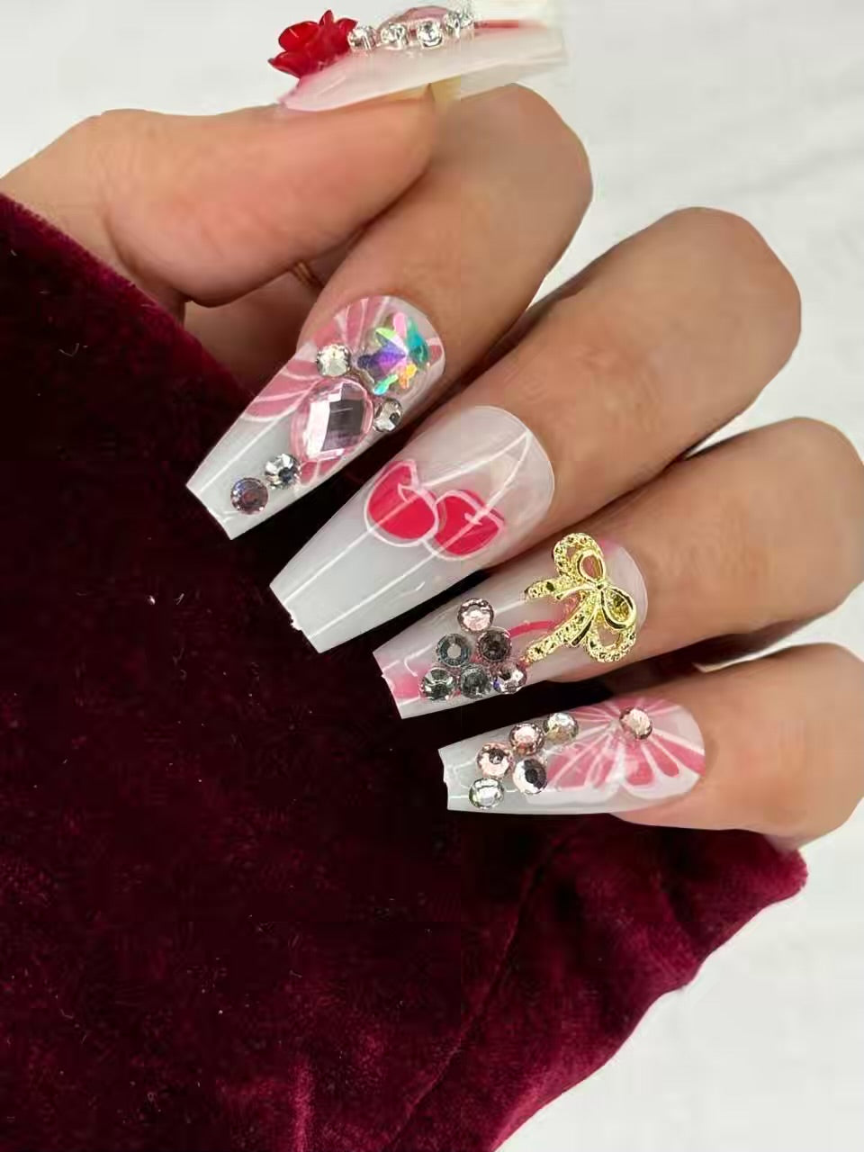 White Cherry Pink Stones Shimmery Fancy Party Bridal Press On Nails ( Set of 24 )