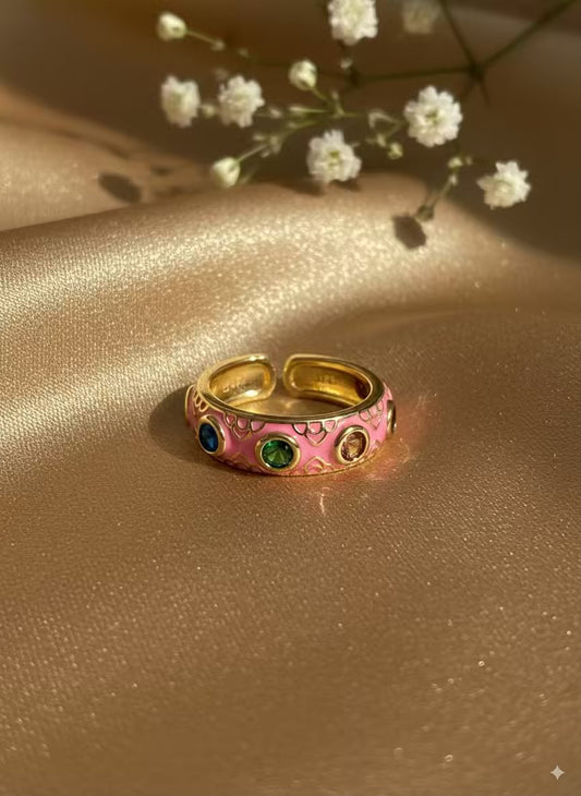 Pink Colourful Gold Plated Premium Ring (Adjustable)