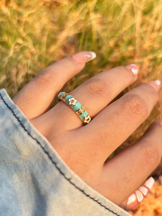 White Lillies Sky Blue Band Ring - Adjustable