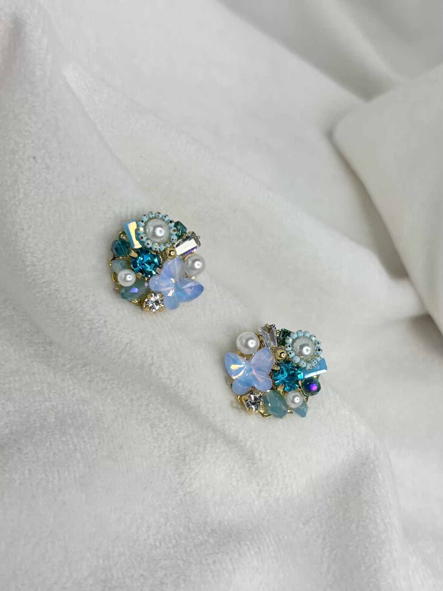 Blue Butterfly Small Pearly Earrings Studs - Gold Plated