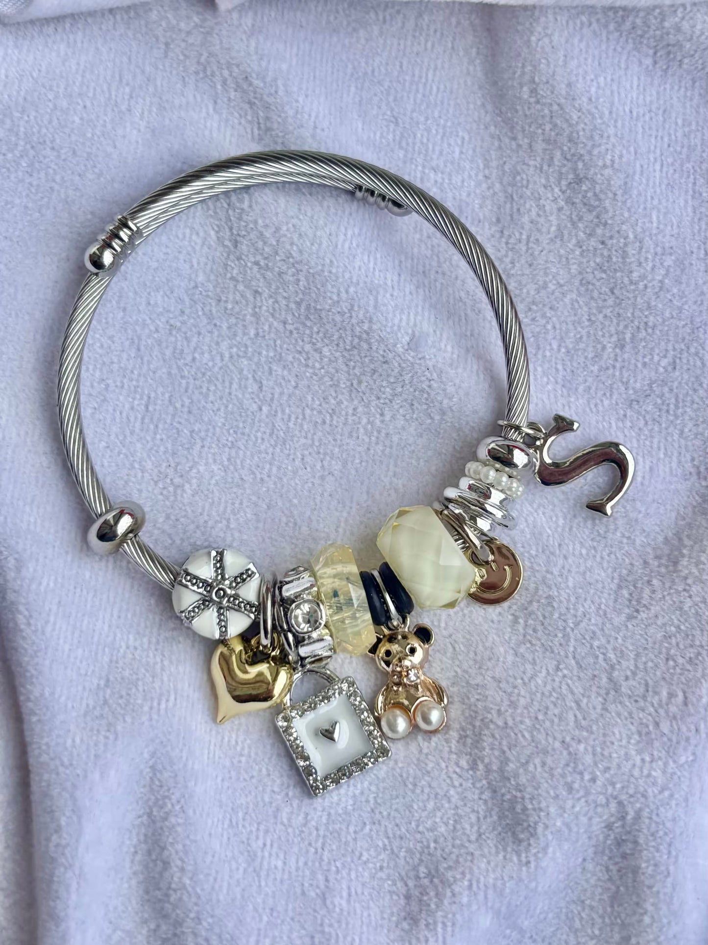 Pandora Charms Gift Teddy Bracelet With Customised Initial  ( Silver )