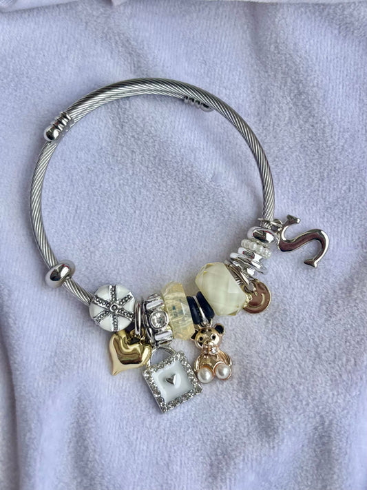 Pandora Charms Gift Teddy Bracelet With Customised Initial  ( Silver )