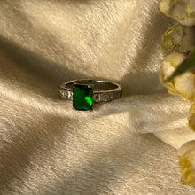 Load image into Gallery viewer, Emerald Green Crystal Baguette Side Stone Solitaire Ring
