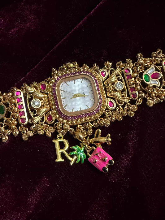 Square Dial Maharani Watch Heritage Bracelet with Charms( Delivery time 10days for Green Dial )
