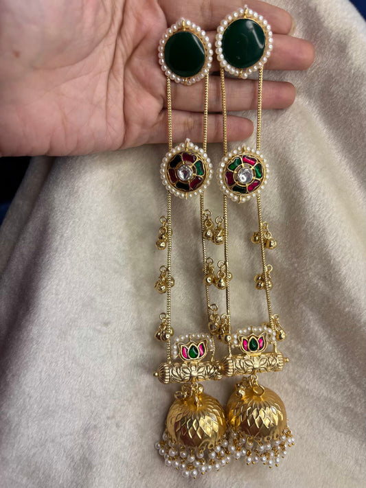 Emerald Green Long Loaded Jhumkas No Kashmiri Brass Premium Plated Ghungroo Earrings ( FLAT 15% off At Cart )