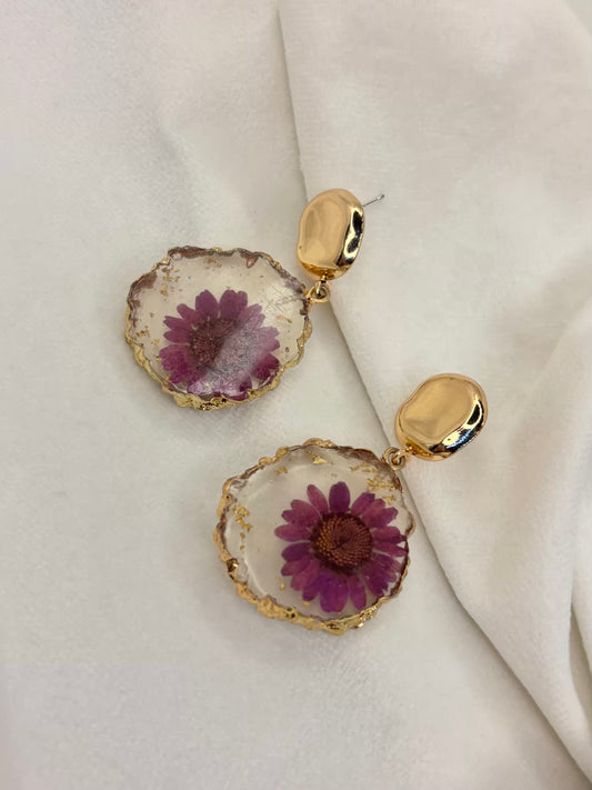 Magenta Pink Jamun Sunflower Pearl Earrings - Gold Plated