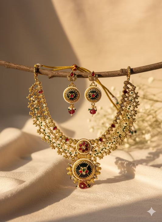 Emerald Layered Heritage Loaded Necklace with Earrings