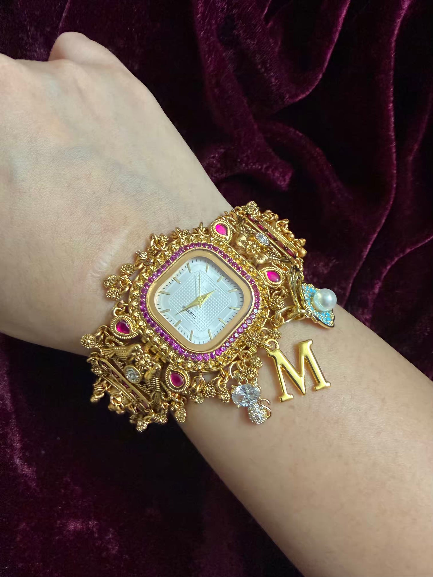Square Dial Maharani Watch Heritage Bracelet with Charms