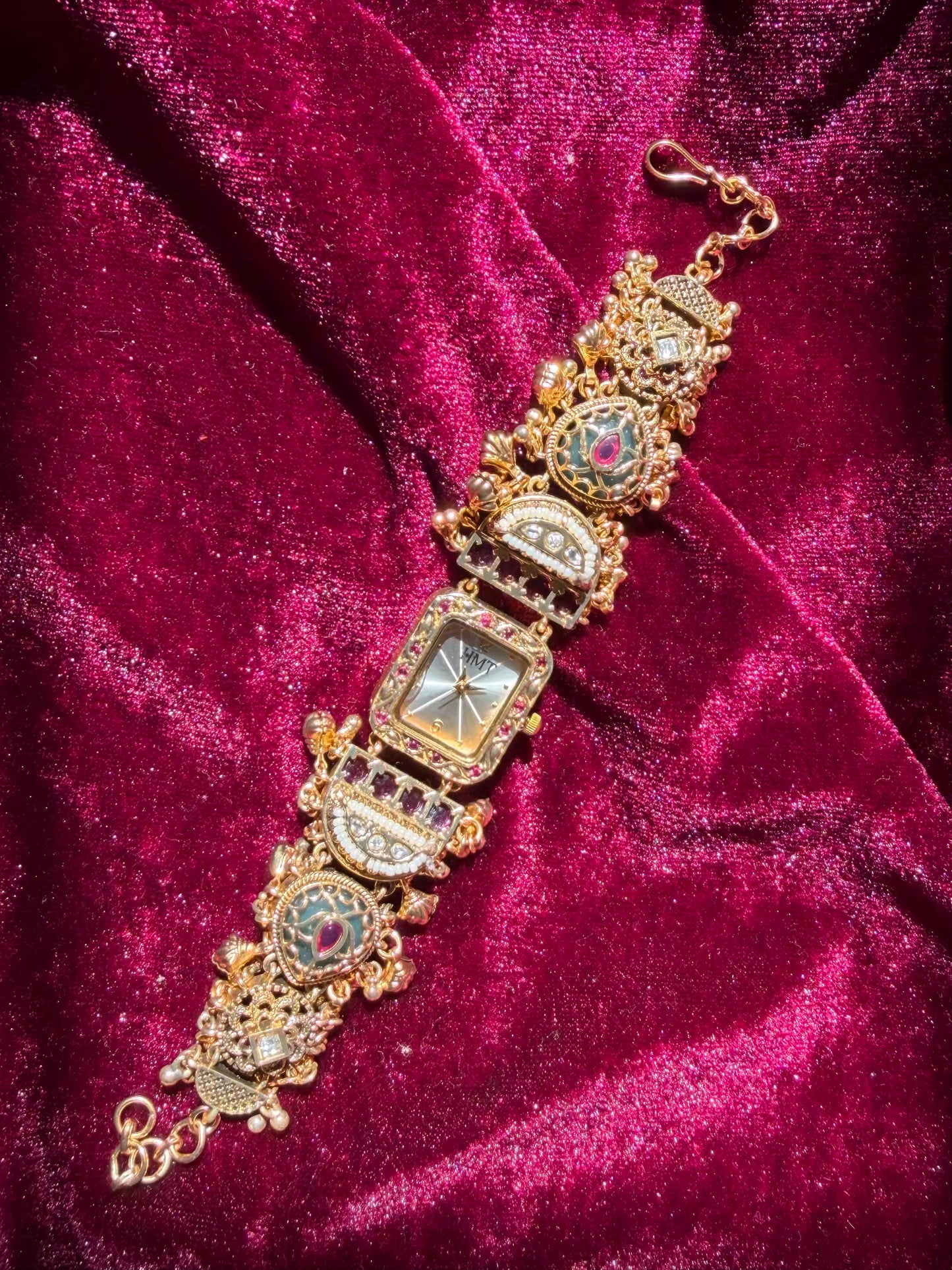 Noorika Rectangle Temple Motif Ruby Kundan Gold Plated Heritage Maharani Watch ( Partial COD 200₹ )