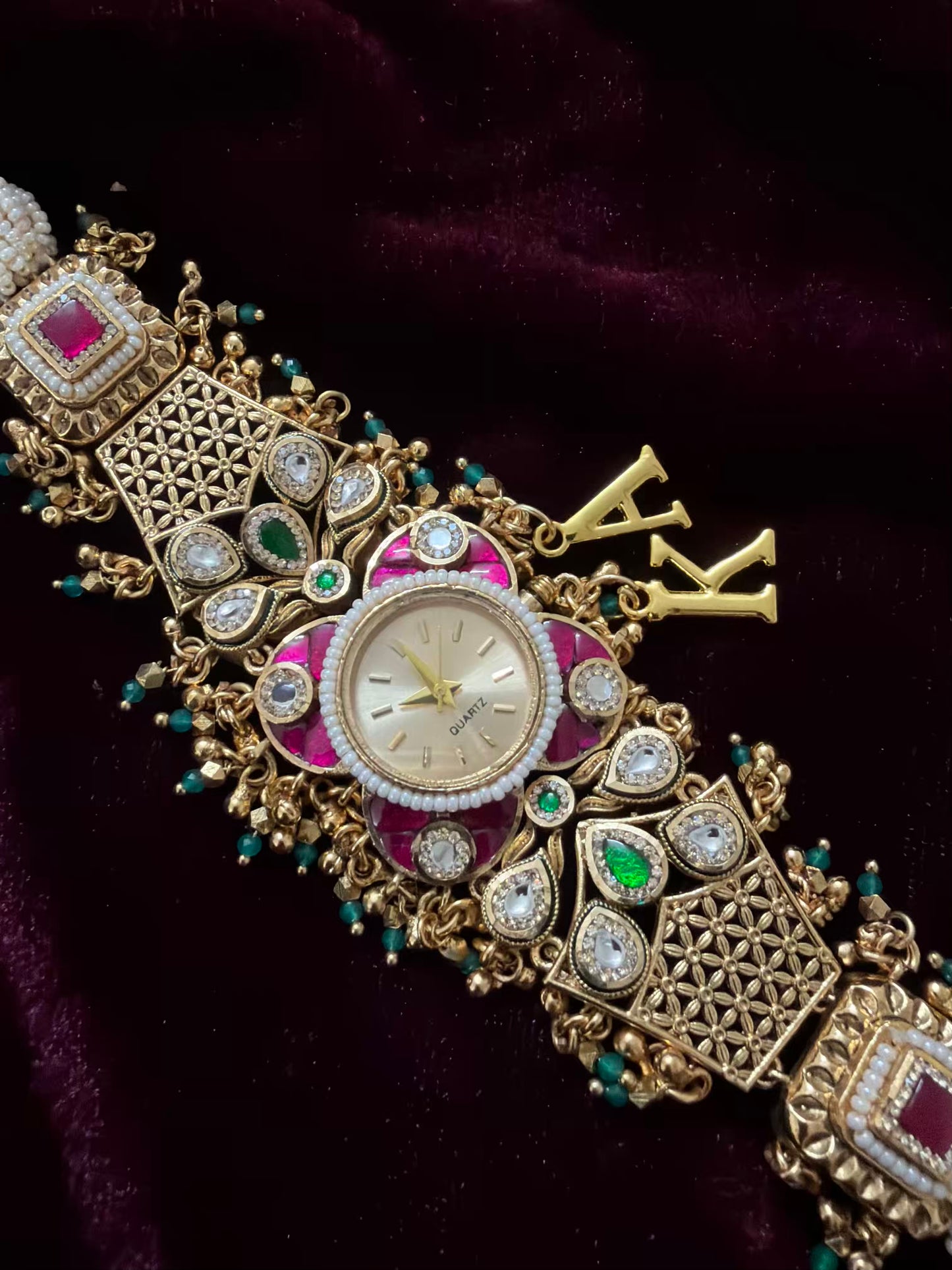 New Launch Kundan Floral Premium Gold Maharani Watch Design Heritage Bracelet ( Initials will be customised )