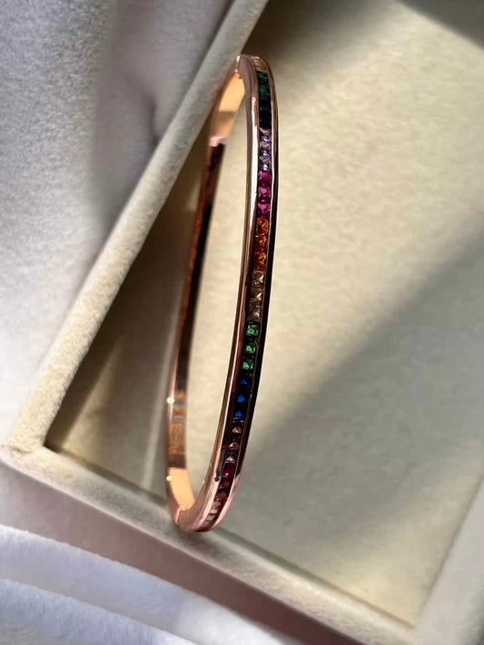 Minimal Rainbow Colourful Kada Bracelet Bangle - Rose Gold