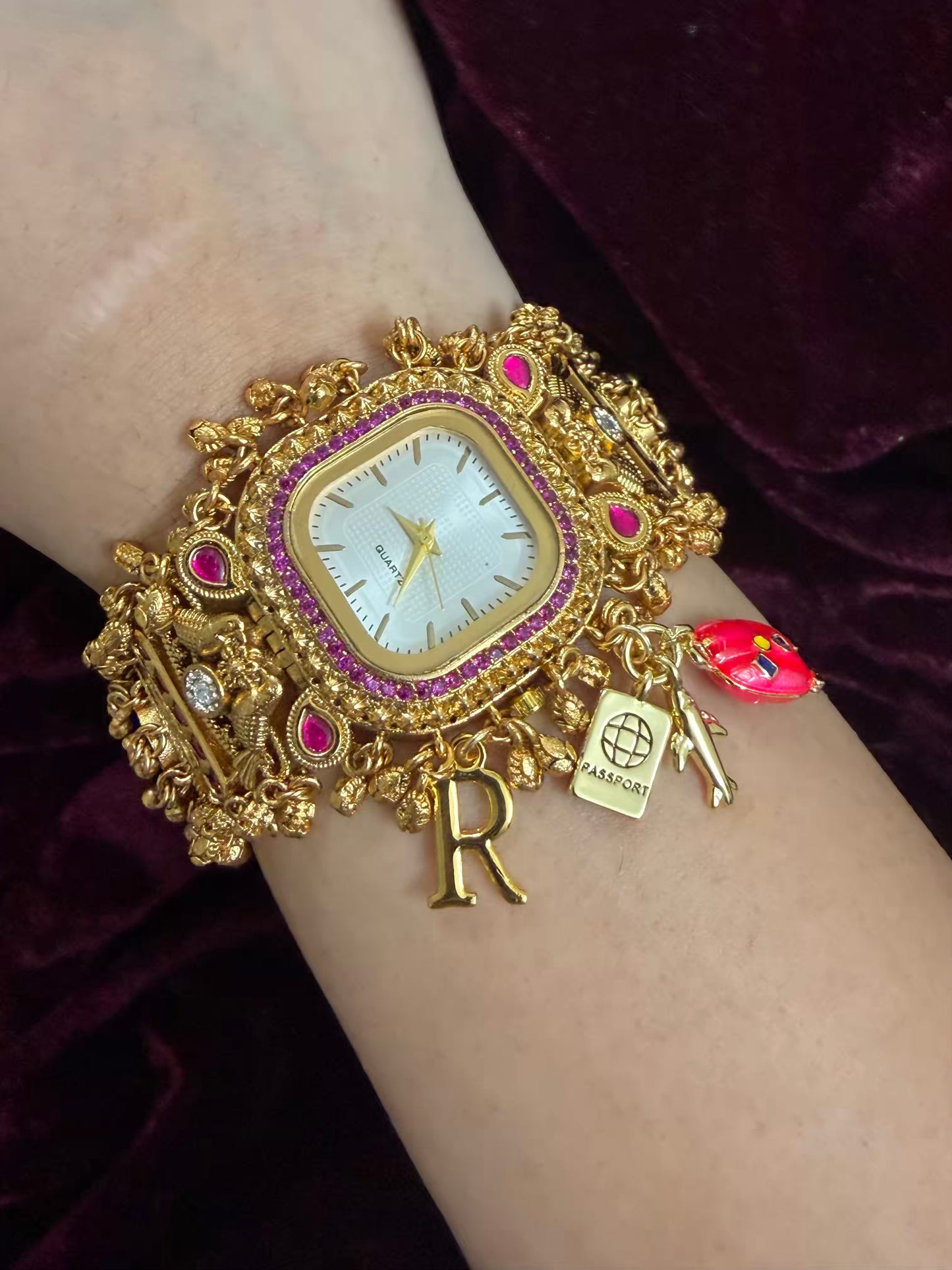 Square Dial Maharani Watch Heritage Bracelet with Puffy Trolley and Passport ( Add your initial FREE )