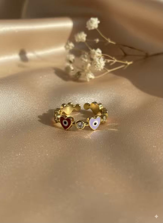 Heart Colourful Evil Eye Gold Plated Premium Ring (Adjustable)
