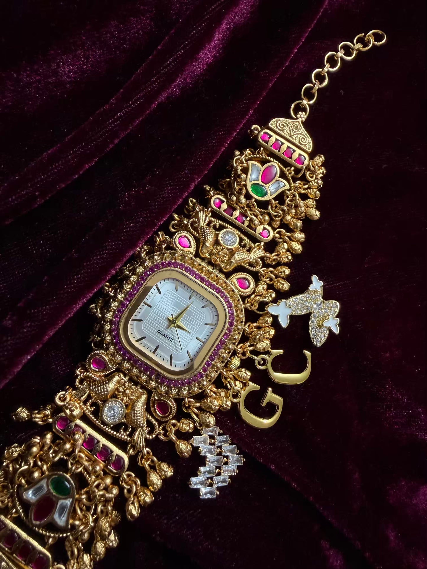 Square Dial Maharani Watch Heritage Bracelet with Butterfly and Heart  Charms