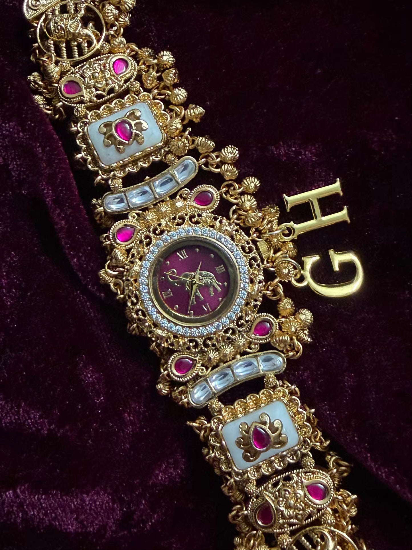 Burgundy Elephant Dial White Maharani Watch Design Heritage Bracelet ( Limited Edition )