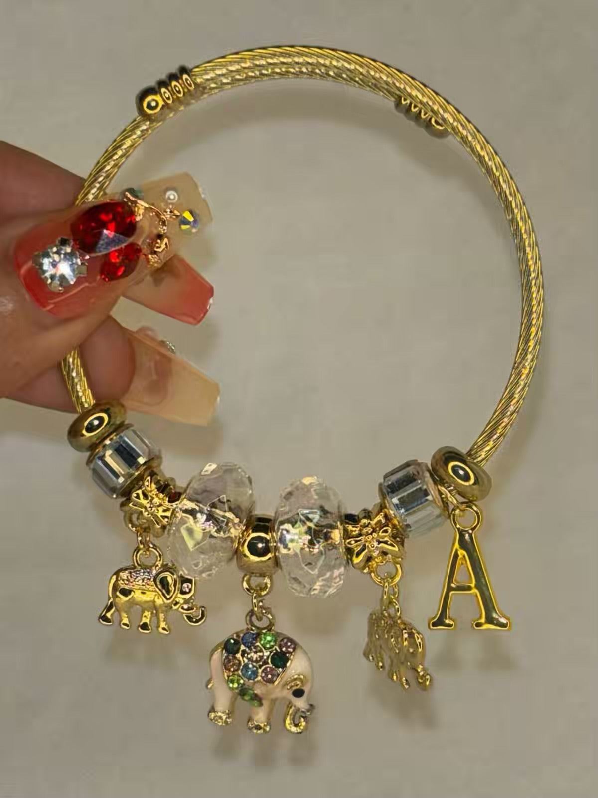 Pandora Charms Whitw Elephant Bracelet With Customised Initial  ( Gold )