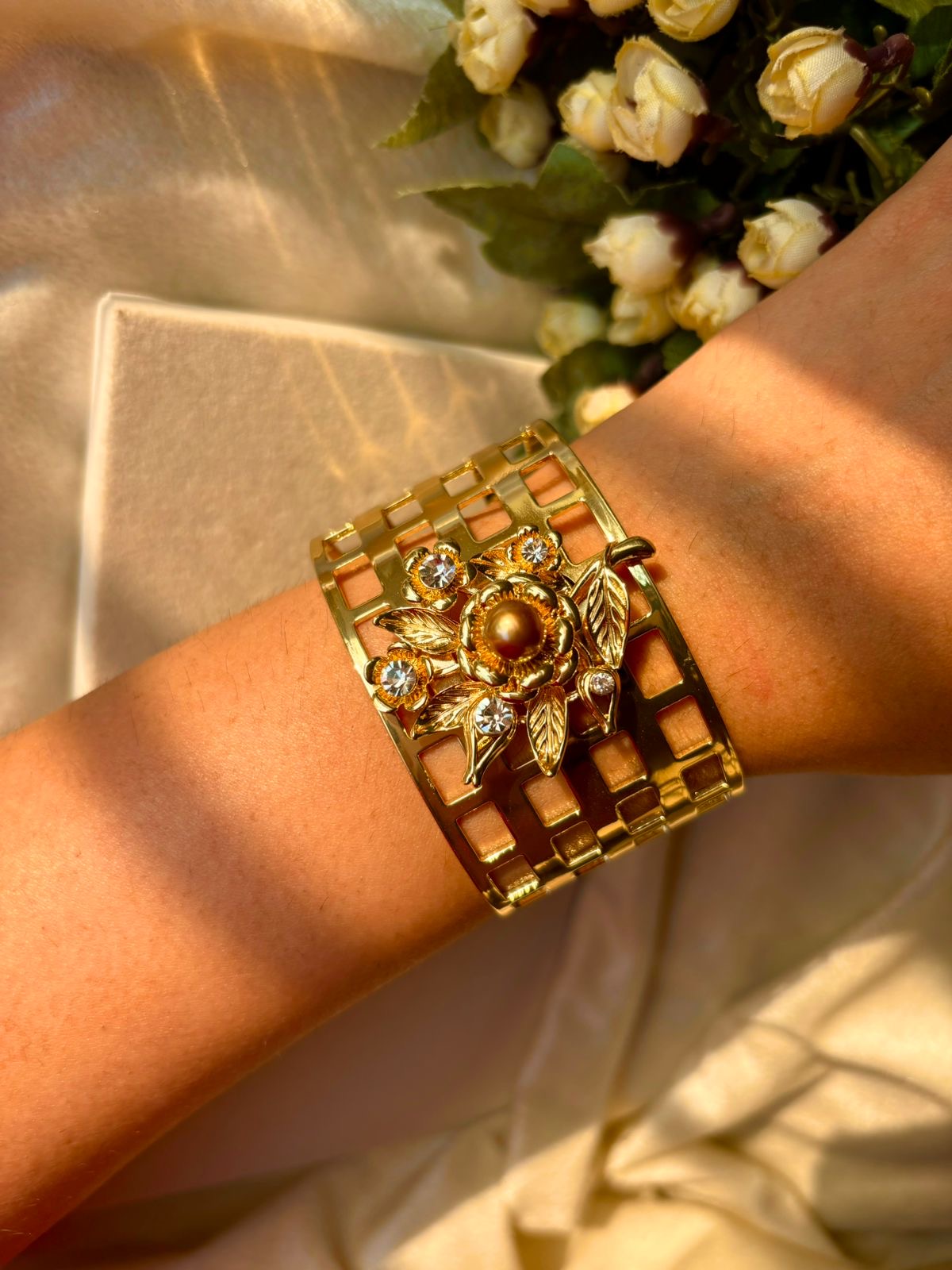 Cleopatra Gold Pearly Flower Kada Bracelet Bangle - Gold