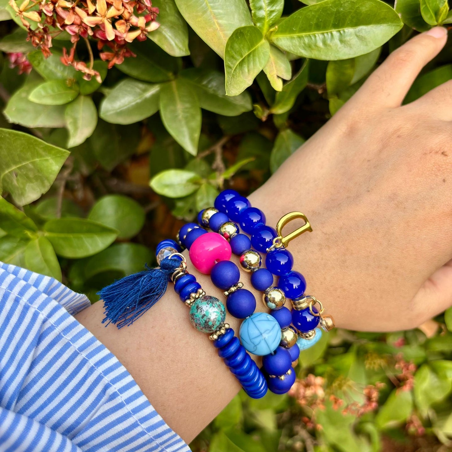 Cobalt Blue Beaded Stack Elastic Bracelet With Customised Initial ( Gold )