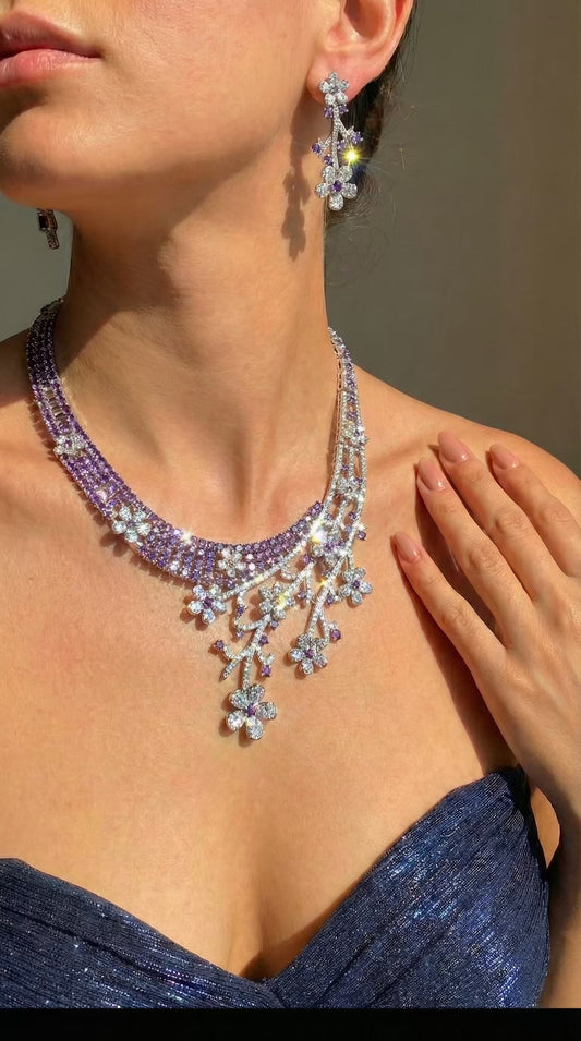 Floral Vine Design Rhodium-Plated Silver Necklace Set with Lavender and Clear Stones