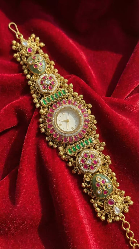 Swarn Mohini Temple Motif Ruby Kundan Gold Plated Heritage Maharani Watch ( Partial COD 200₹ )