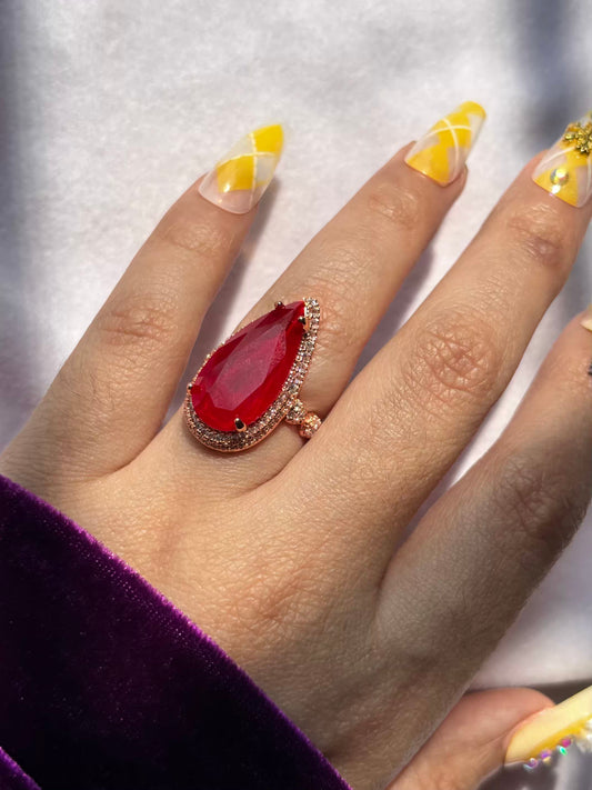 Long Drop Red Ruby Solitaire Ring ( Rose Gold ) - Adjustable