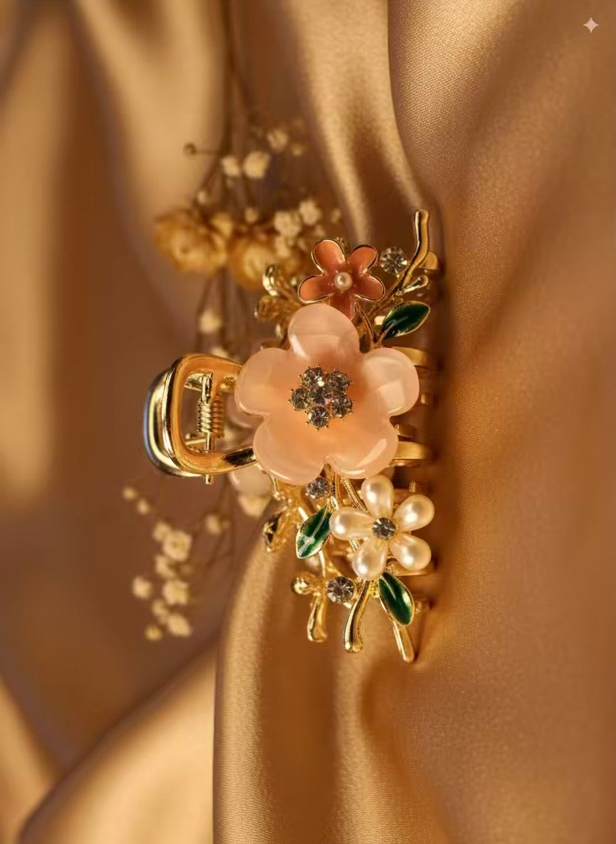 Navratri Premium Peach Floral Claw Clip For Women- Stainless Steel