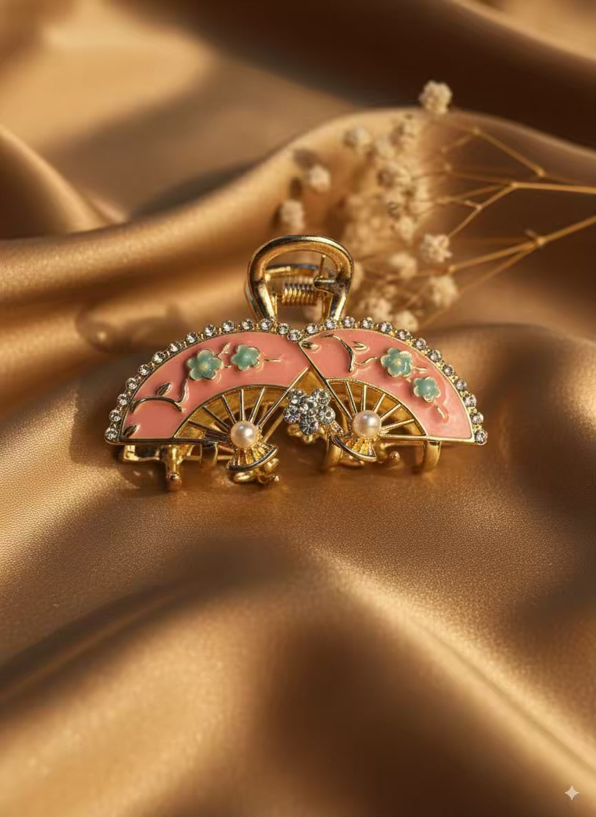 Pink Fan Premium Claw Clip - Gold Plated