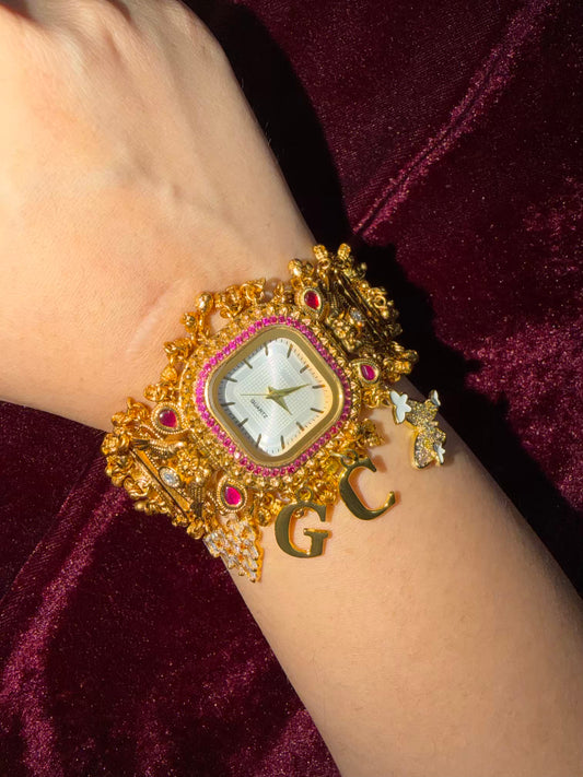 Square Dial Maharani Watch Heritage Bracelet with Butterfly and Heart  Charms