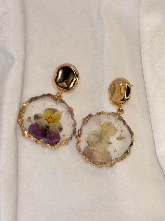 Purple Yellow Fresh Flower Earrings - Gold Plated