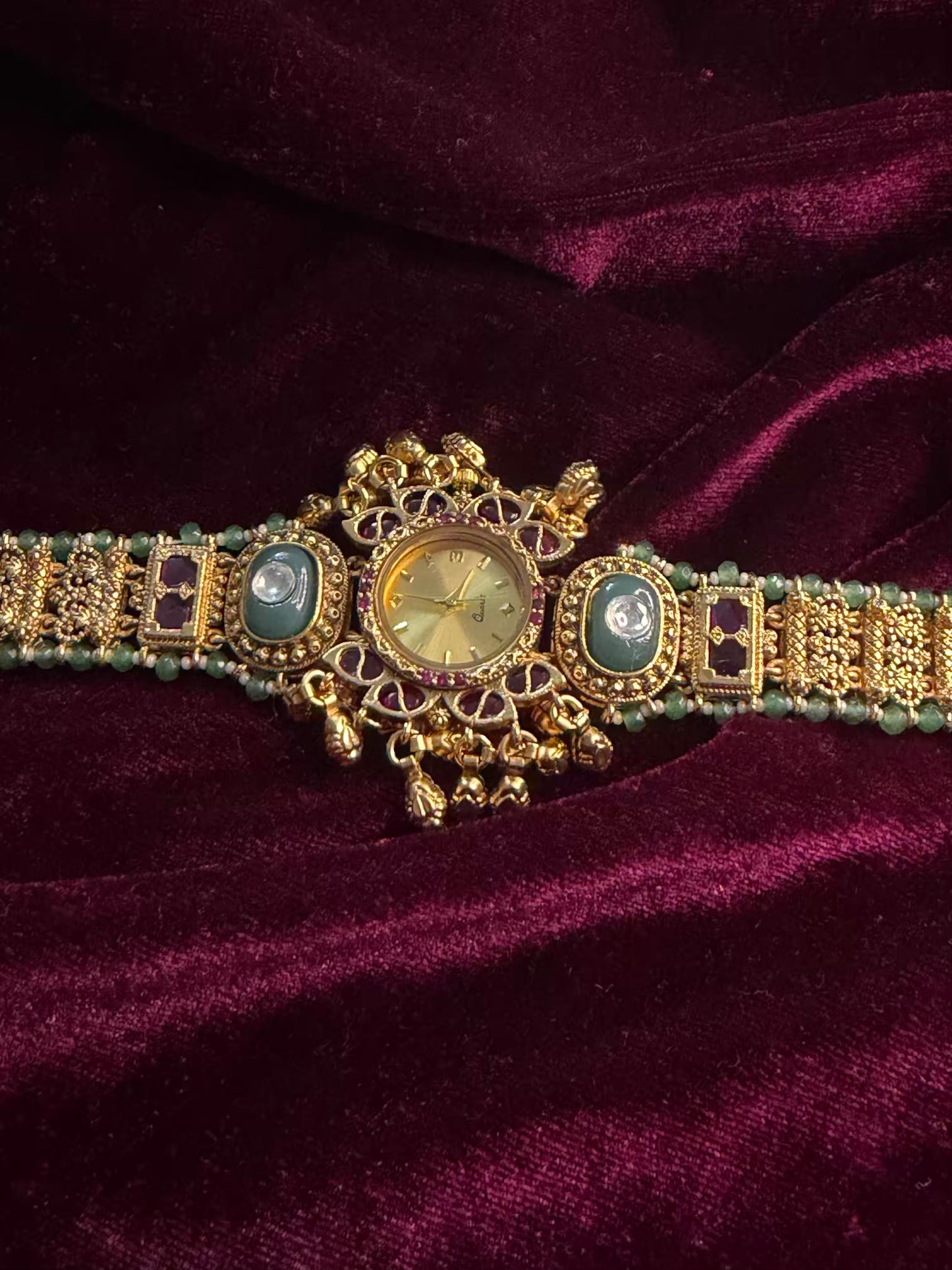Queen Temple Motif Ruby Kundan Gold Plated Heritage Maharani Watch