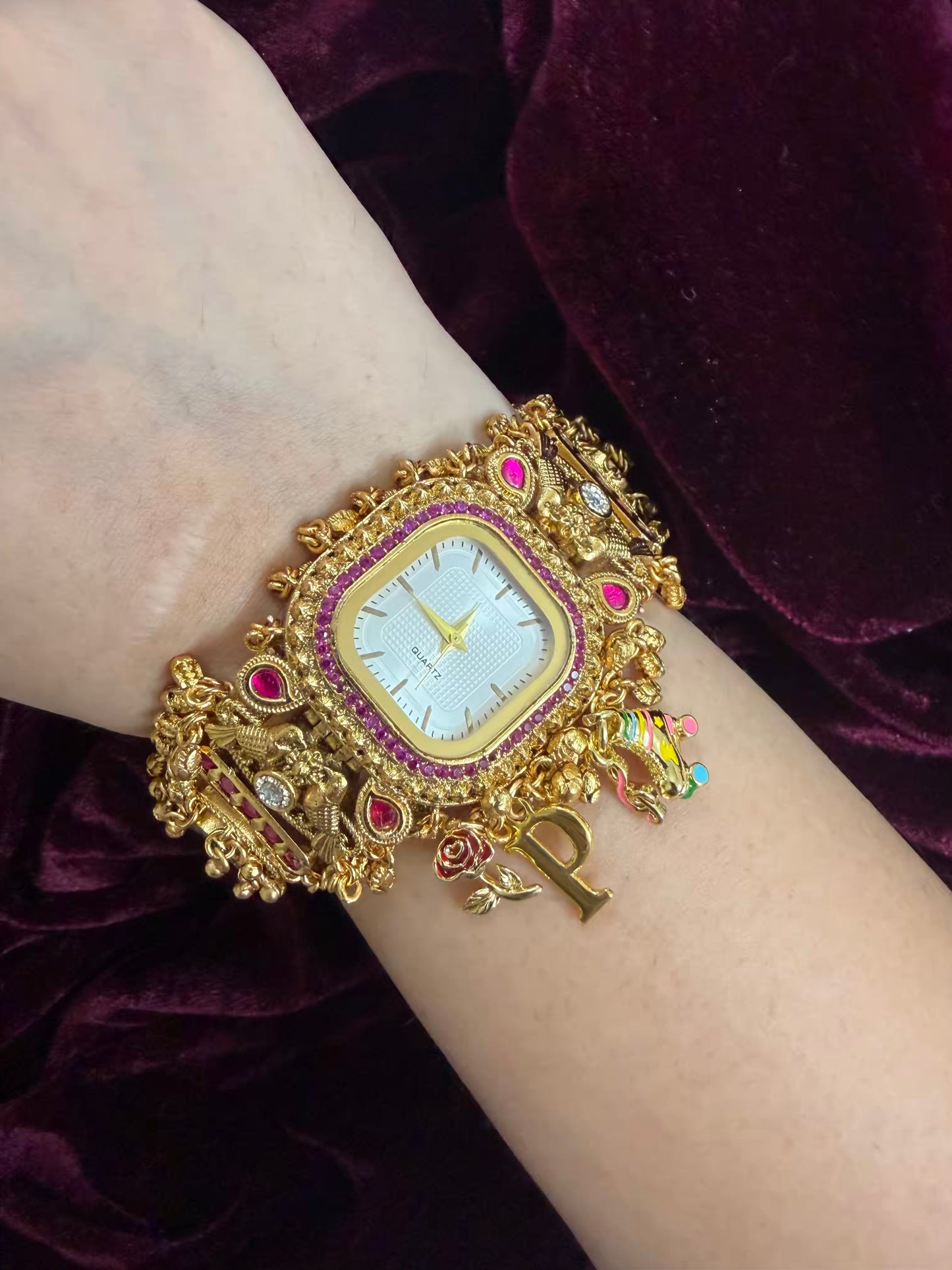Square Dial Maharani Watch Heritage Bracelet with Skates and Rose ( Add your initial FREE )